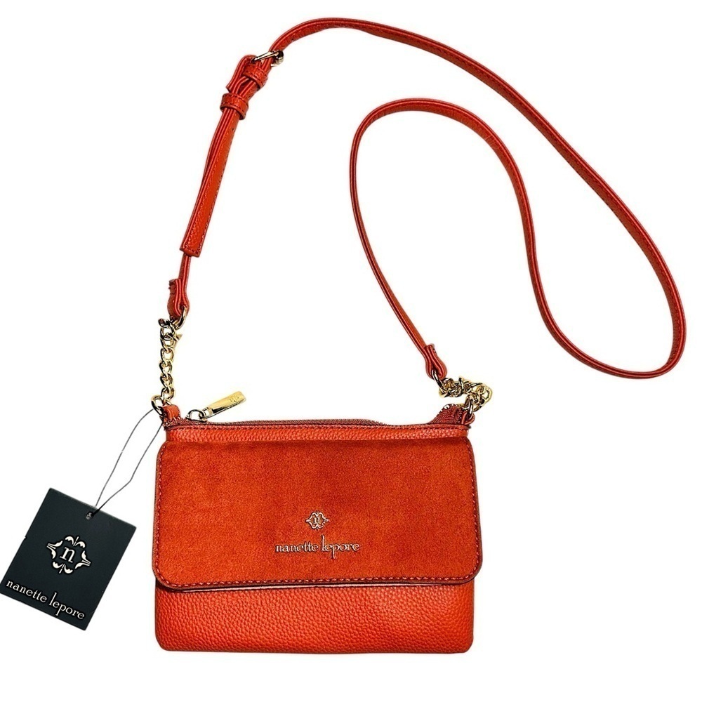 NANETTE LEPORE MSRP $39 Crossbody Bag with Suede Flap & Vegan Leather in Pumpkin - Picture 10 of 10